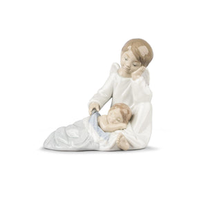 Statuina Angelo Custode Lladrò in porcellana lucida azzurra 14x14 cm