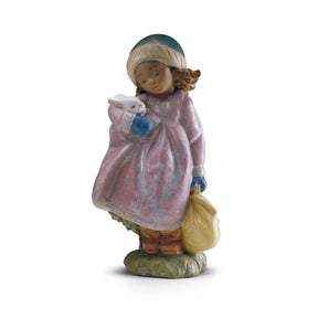Statuina Bimba con coniglietto Lladrò in gres mate 21x12x11 cm