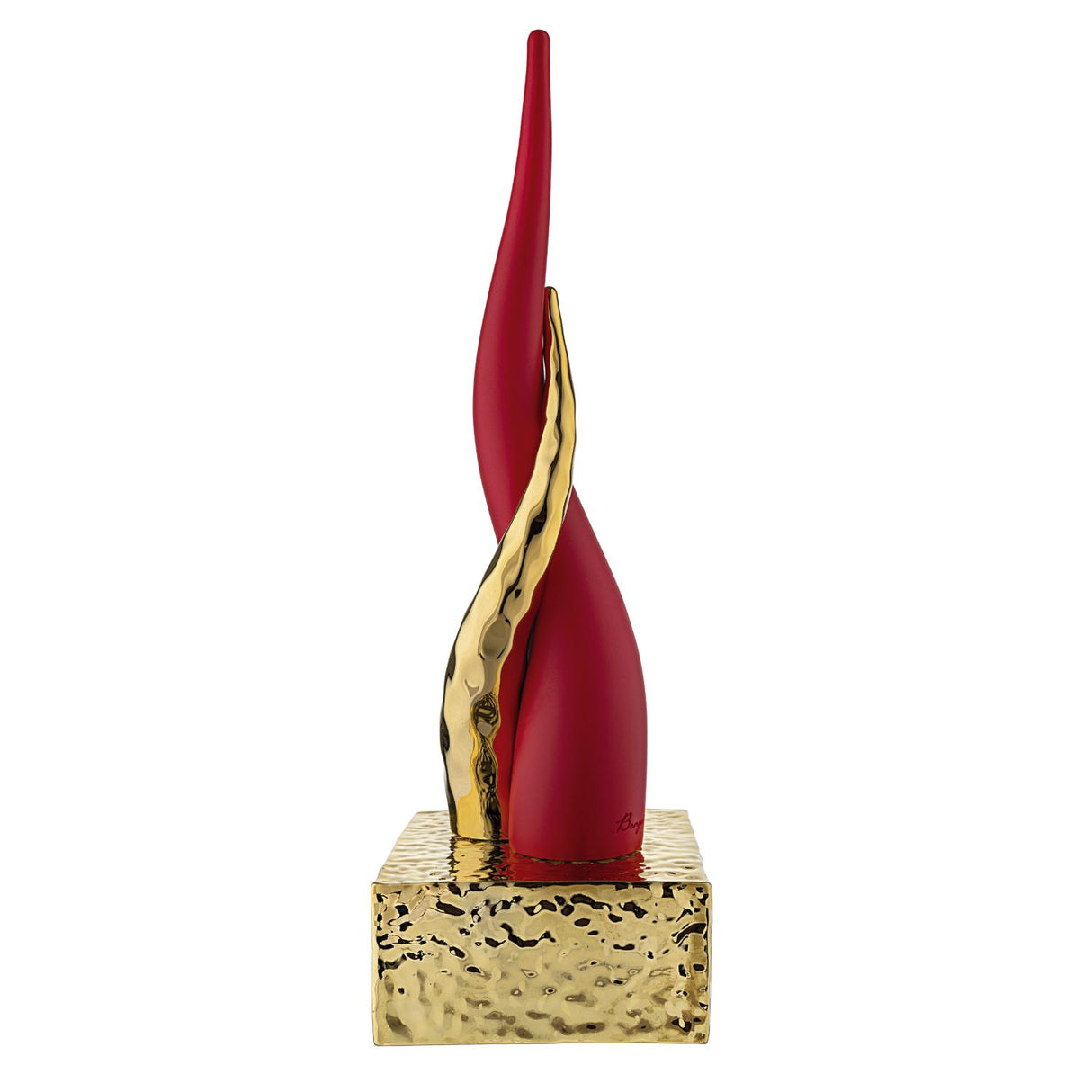 Corno intrecciato Bongelli Preziosi in marmorino rosso con base oro 28 cm