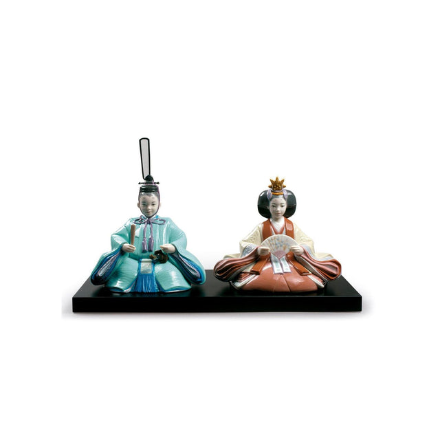 Statuette Hinamatsuri Lladrò in porcellana con kimono decorati 25x40 cm