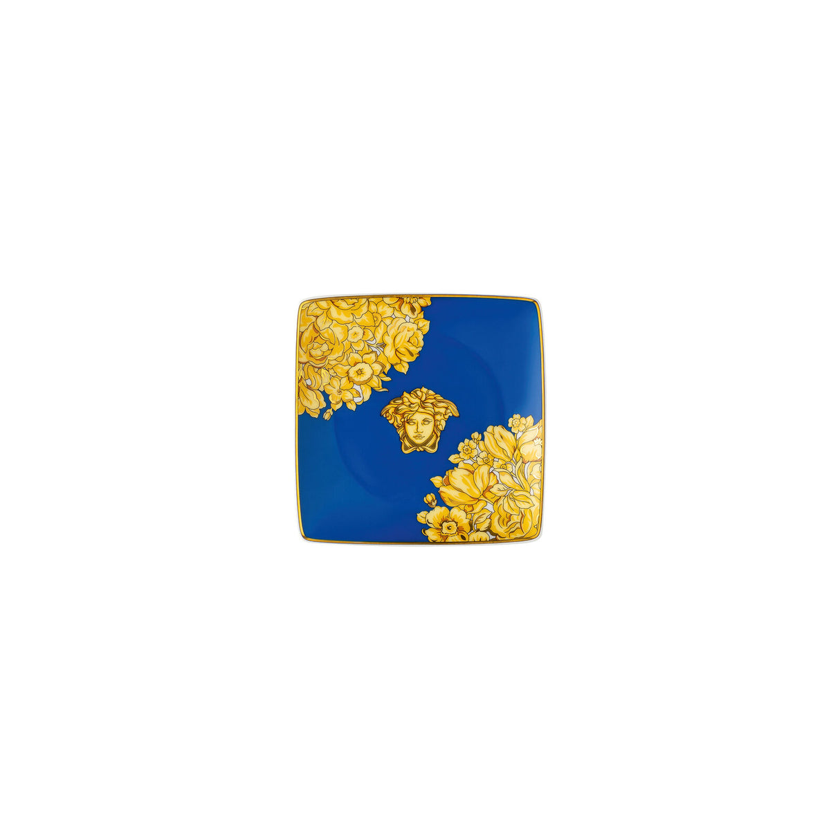 Ciotola quadrata Versace in porcellana blu con decoro Medusa dorata 12 cm