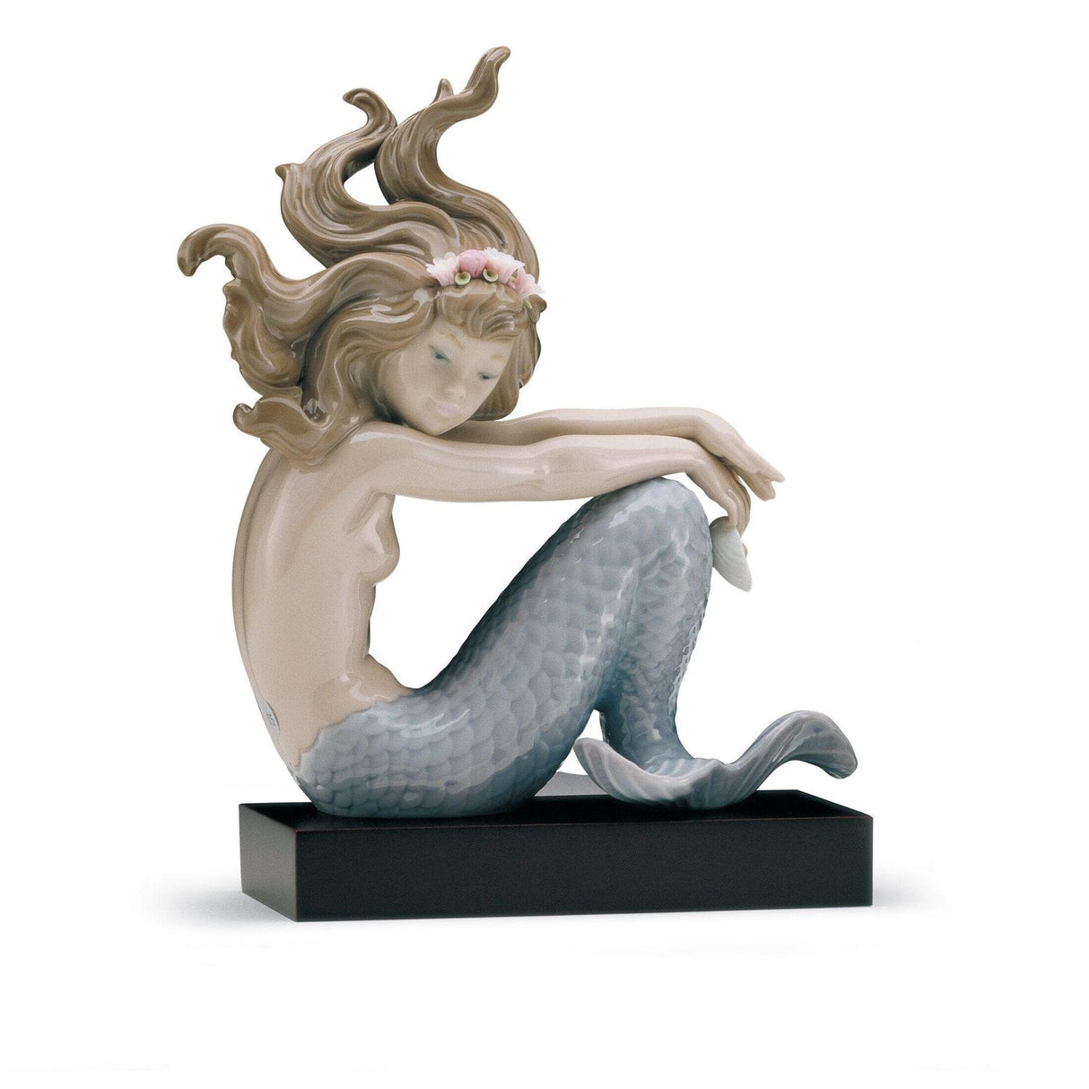 Statuina Sirena Lladrò in porcellana lucida con fiori 19x13 cm