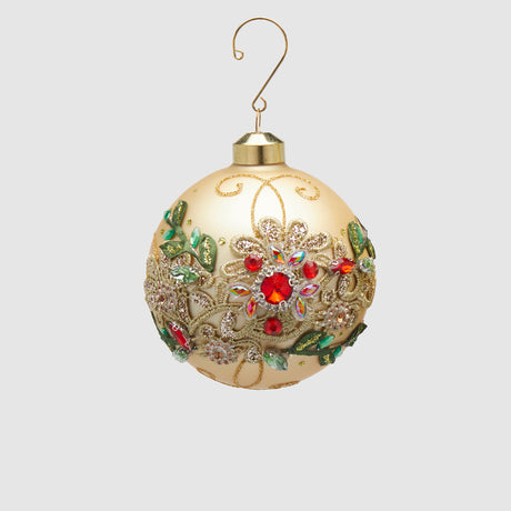 Pallina albero Natale EDG in vetro oro con fiori in rilievo 10 cm