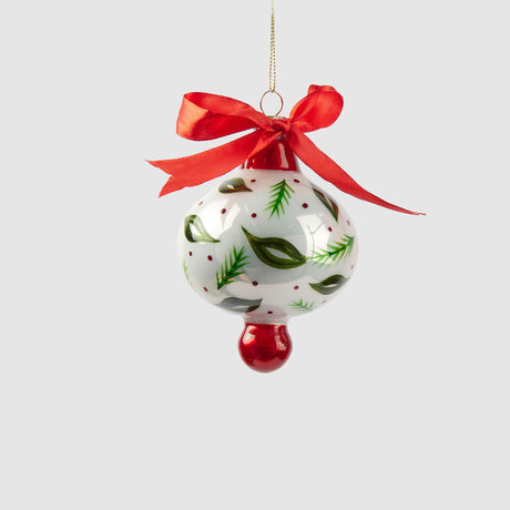 Pendaglio Trottola EDG in vetro bianco con foglie e fiocco rosso 12 cm
