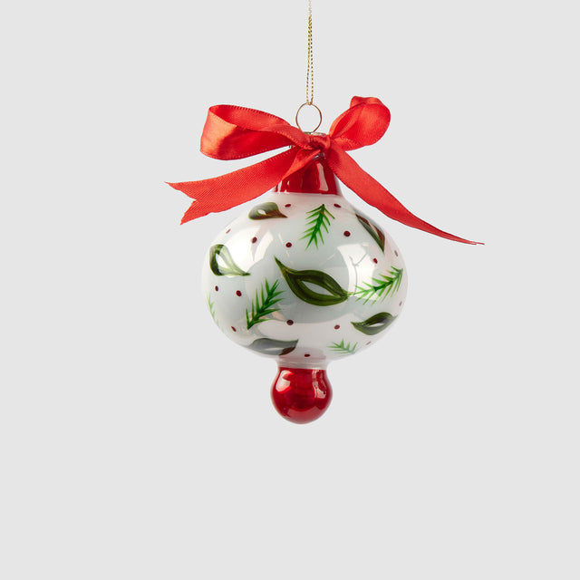 Pendaglio Trottola EDG in vetro bianco con foglie e fiocco rosso 12 cm