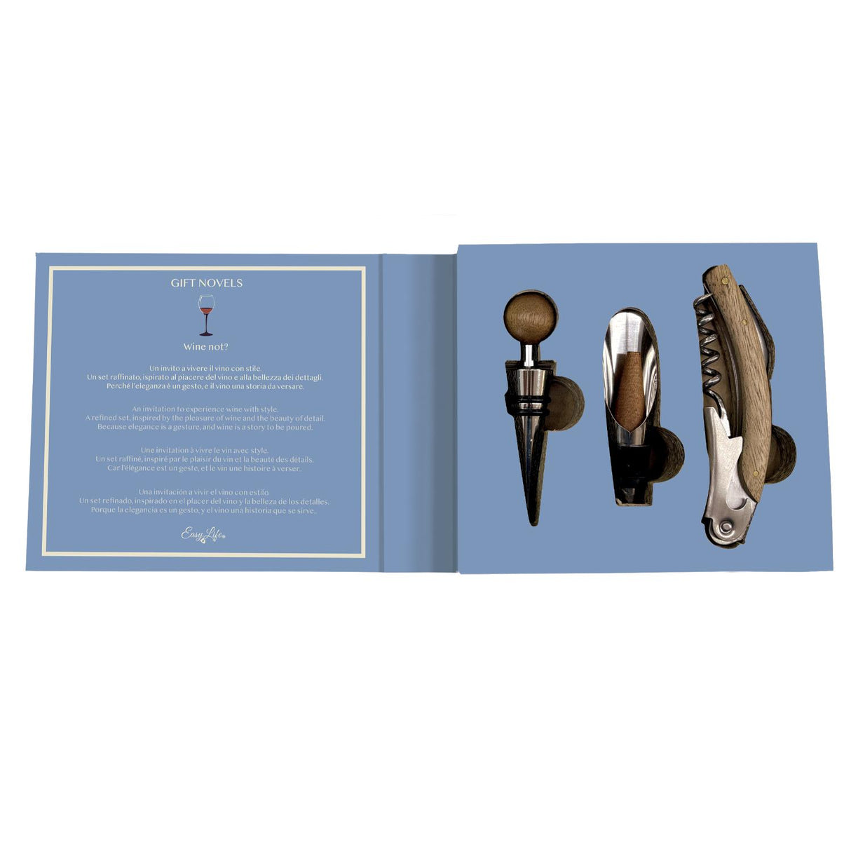 Set vino Easy Life con cavatappi tappo e versatore in acciaio 3 pezzi