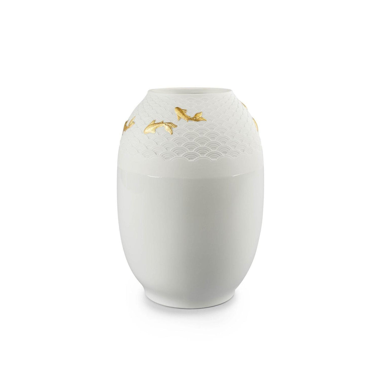 Vaso Koi Lladrò in porcellana bianca con decori in oro 25x18 cm