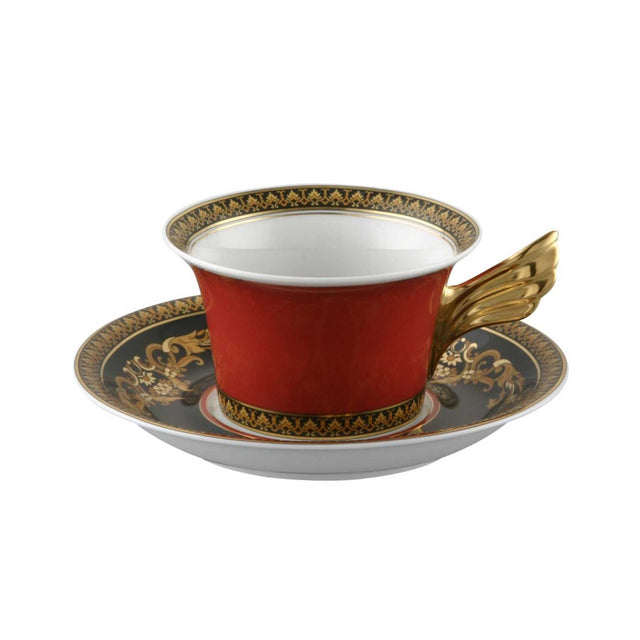 Tazza tè Medusa Versace in porcellana con decoro barocco rosso e oro