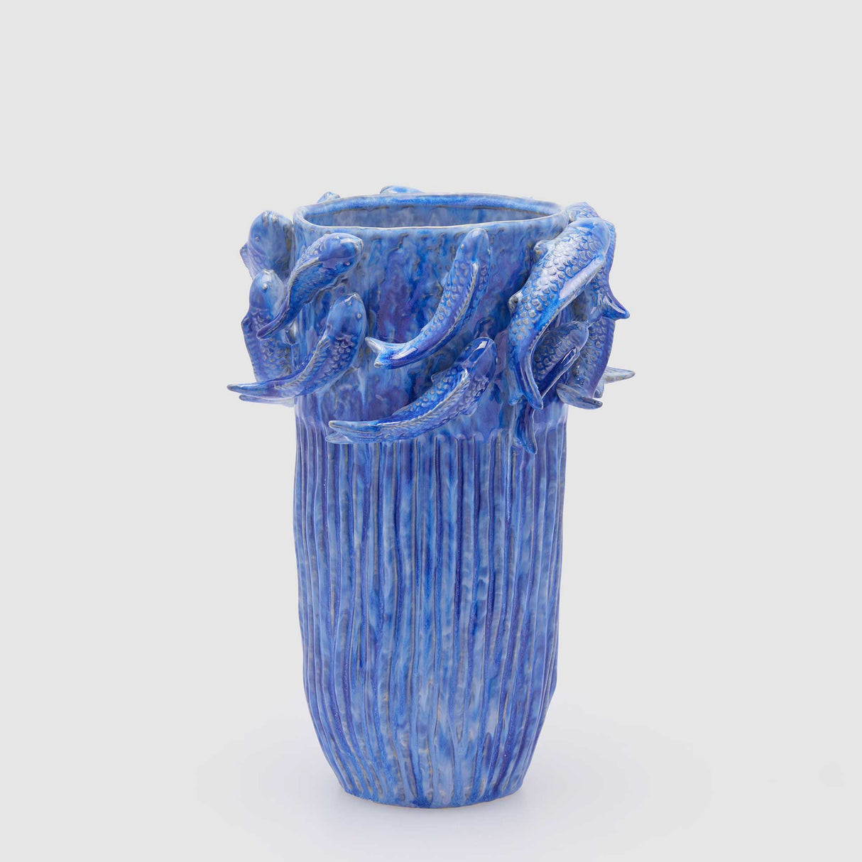 Vaso Chakra EDG in ceramica blu con carpe koi in rilievo 32,5x22 cm