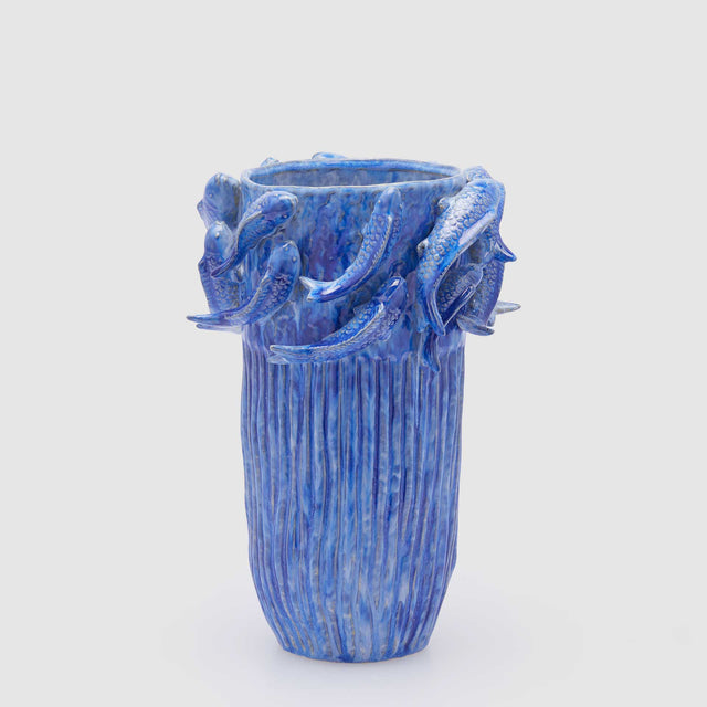 Vaso Chakra EDG in ceramica blu con carpe koi in rilievo 32,5x22 cm
