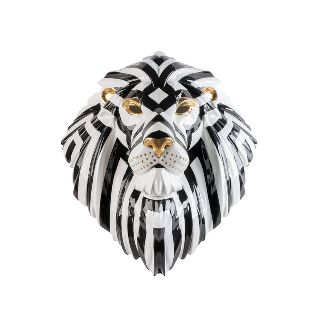 Maschera di Leone Lladrò in porcellana bianco nero e oro 60x38 cm