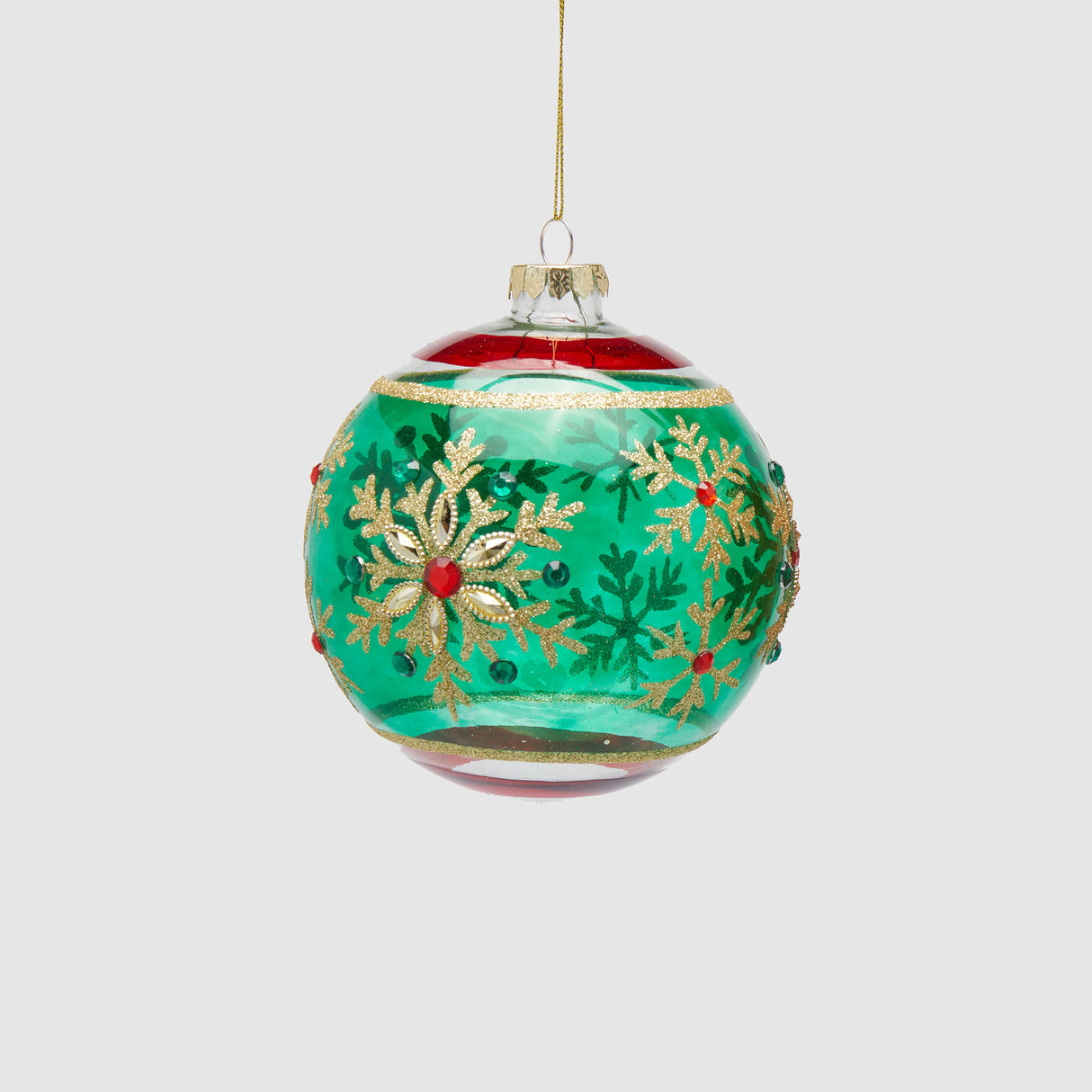 Pallina albero Natale EDG in vetro verde con fiocchi neve 12 cm
