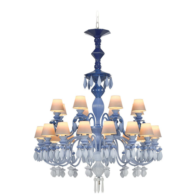 Lampadario Belle de Nuit Lladrò in porcellana azzurra 125x80 cm