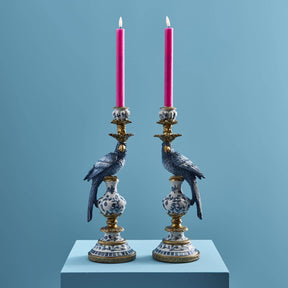 Set 2 candelabri pappagallo Werns in poliresina blu bianco e oro 39,5 cm