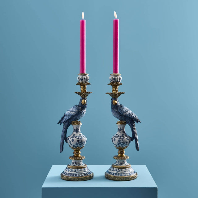 Set 2 candelabri pappagallo Werns in poliresina blu bianco e oro 39,5 cm