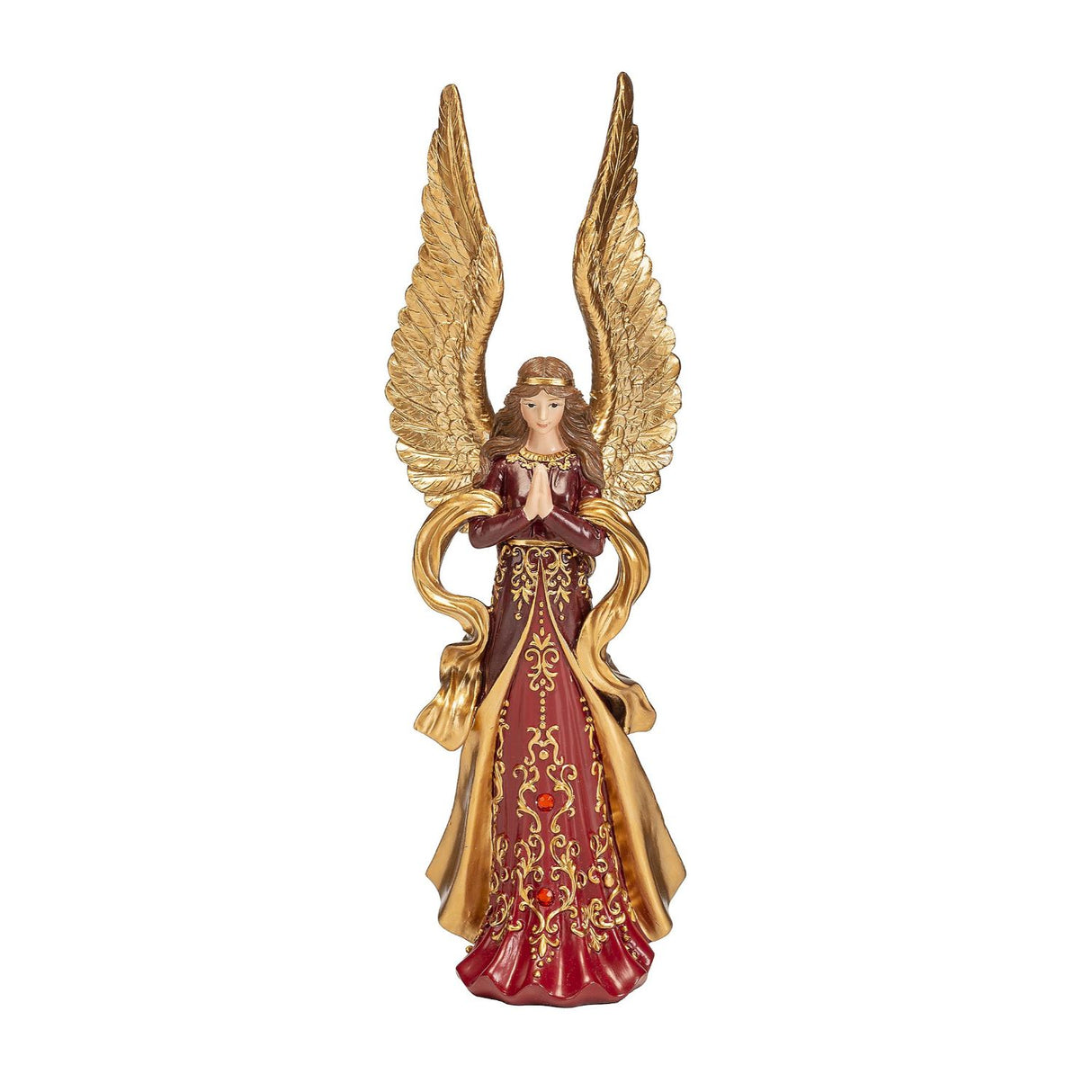 Angelo di Natale Noel in poliresina decorato rosso e oro 32 cm
