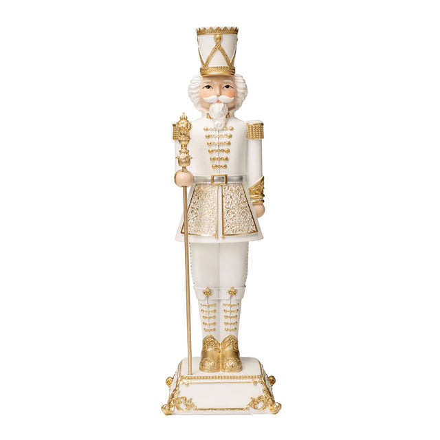 Schiaccianoci soldatino Noel in poliresina decorato bianco e oro 42 cm