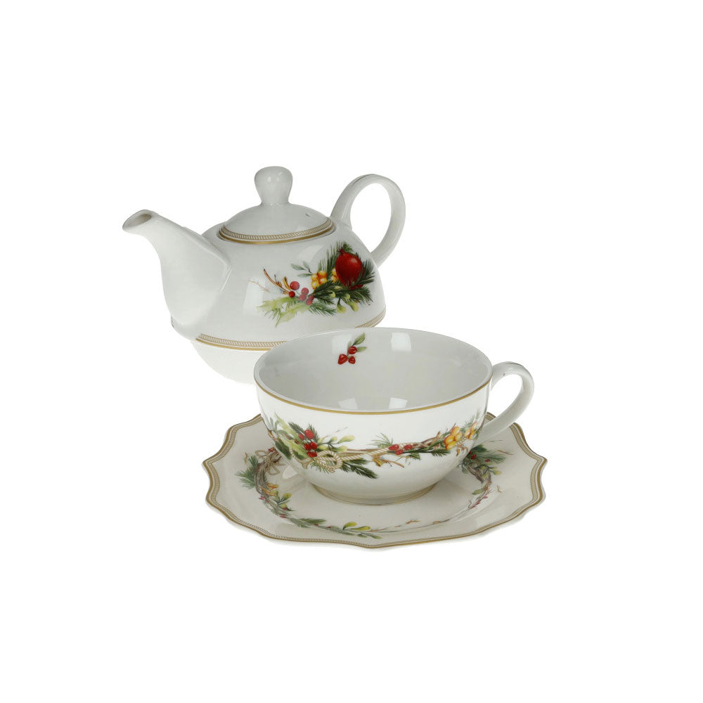 Set teiera con tazza Brandani Carol in porcellana decoro natalizio 14x16 cm