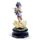 Statuina Bal Gopal Lladrò in porcellana opaca con flauto 24x12 cm