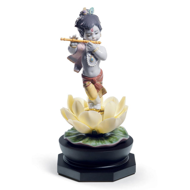 Statuina Bal Gopal Lladrò in porcellana opaca con flauto 24x12 cm
