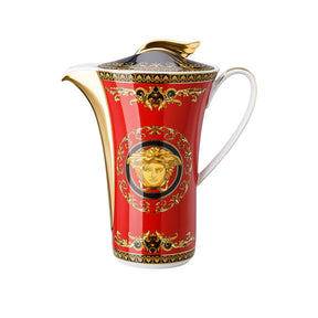 Caffettiera Versace Medusa in porcellana con decoro barocco rosso e oro