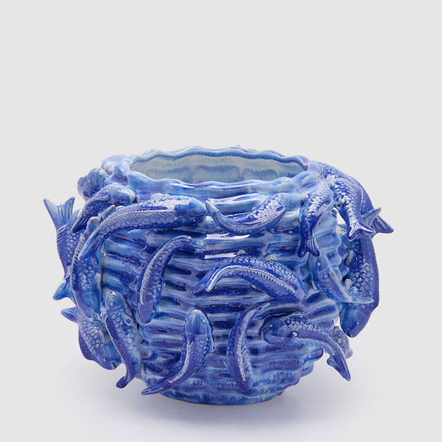 Vaso Chakra EDG in ceramica blu con decoro carpe koi 33x22,5 cm