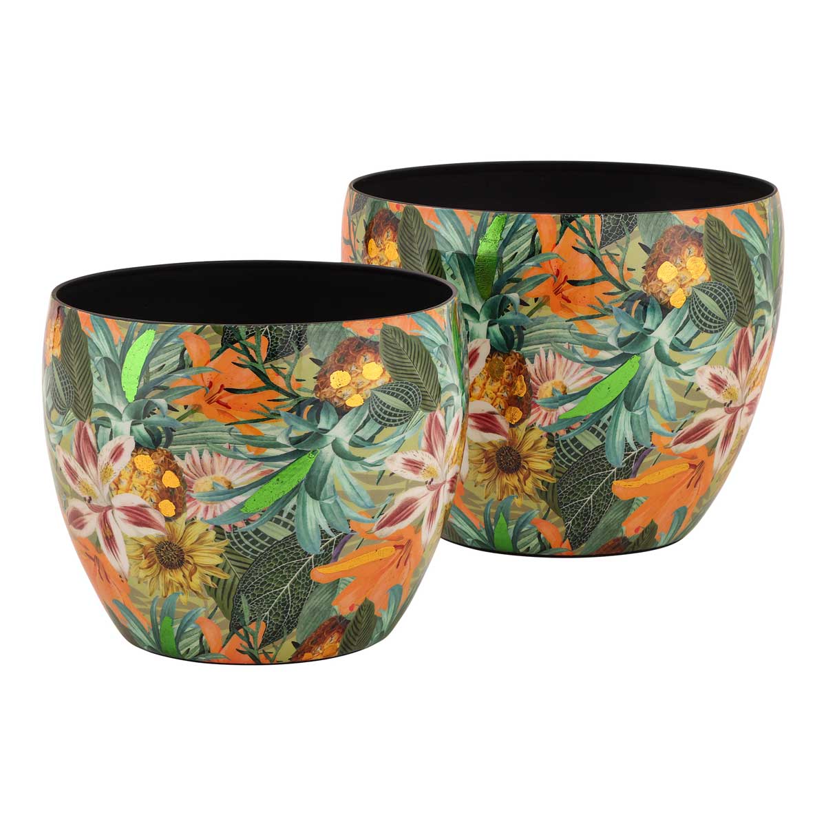 Vaso portapiante Exotic Palais Royal in metallo con decori tropicali 14x14 cm