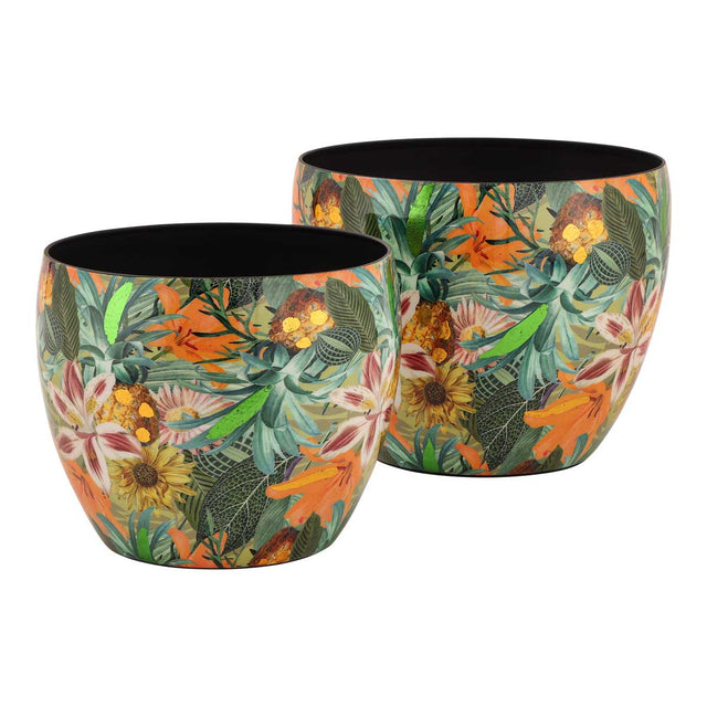 Vaso portapiante Exotic Palais Royal in metallo con decori tropicali 14x14 cm