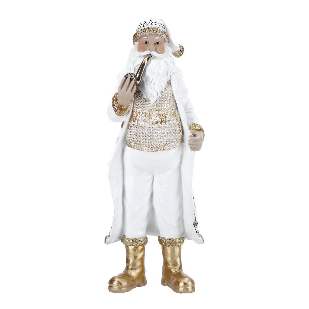Babbo Natale con pipa Timstor in resina bianco e oro 30 cm
