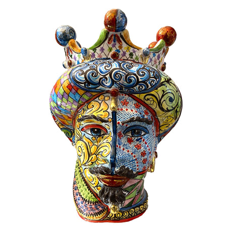 Testa di Moro uomo Verus in ceramica di Caltagirone con corona multicolor 40cm