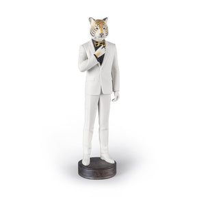 Statuetta Tigre Lladrò in porcellana opaca decorata oro 44x14 cm