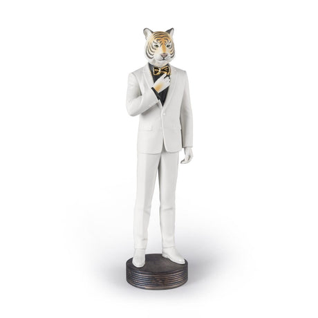 Statuetta Tigre Lladrò in porcellana opaca decorata oro 44x14 cm
