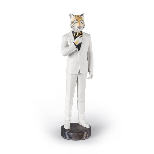 Statuetta Tigre Lladrò in porcellana opaca decorata oro 44x14 cm