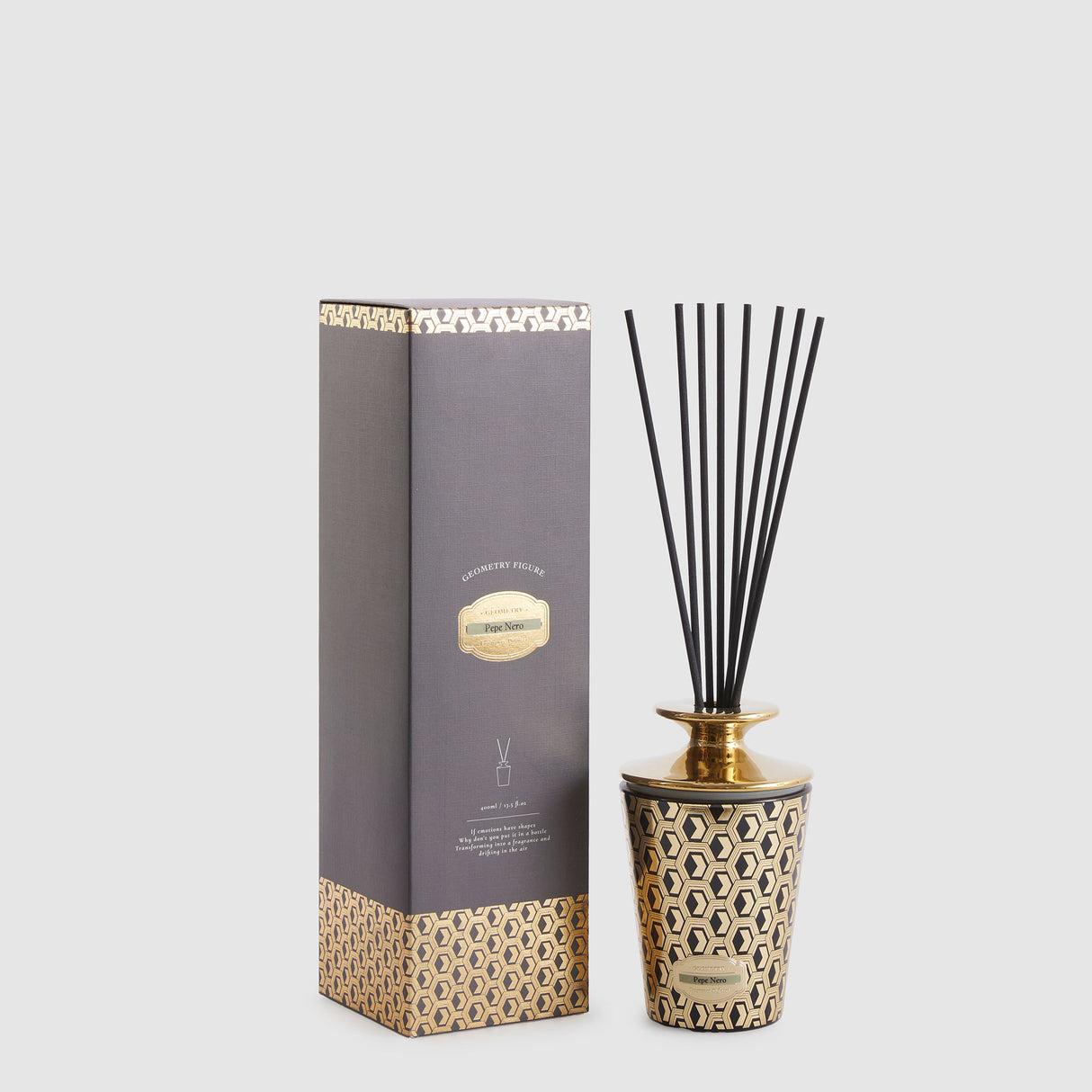 Diffusore a bastoncini Enigma EDG in vetro grigio con decoro dorato 400 ml