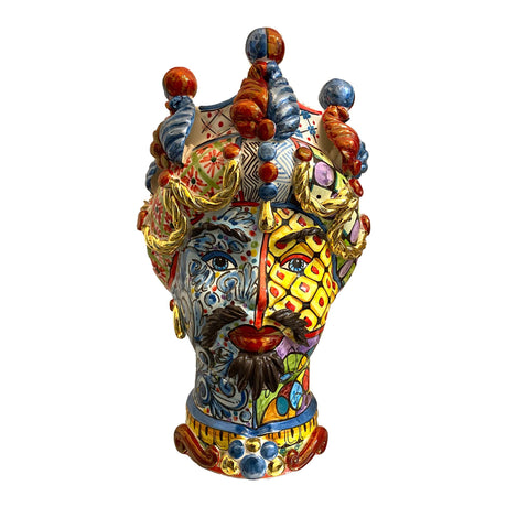 Testa di Moro uomo Verus in ceramica di Caltagirone con corona multicolor 40 cm