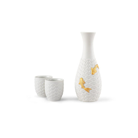 Set da sake Koi Lladrò in porcellana bianca opaca con bicchierini 18x17 cm