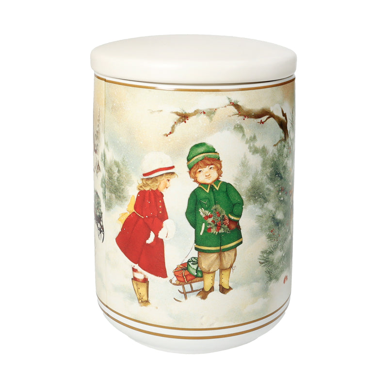 Barattolo Cuccioli Brandani in porcellana decoro natalizio 10x14,5 cm