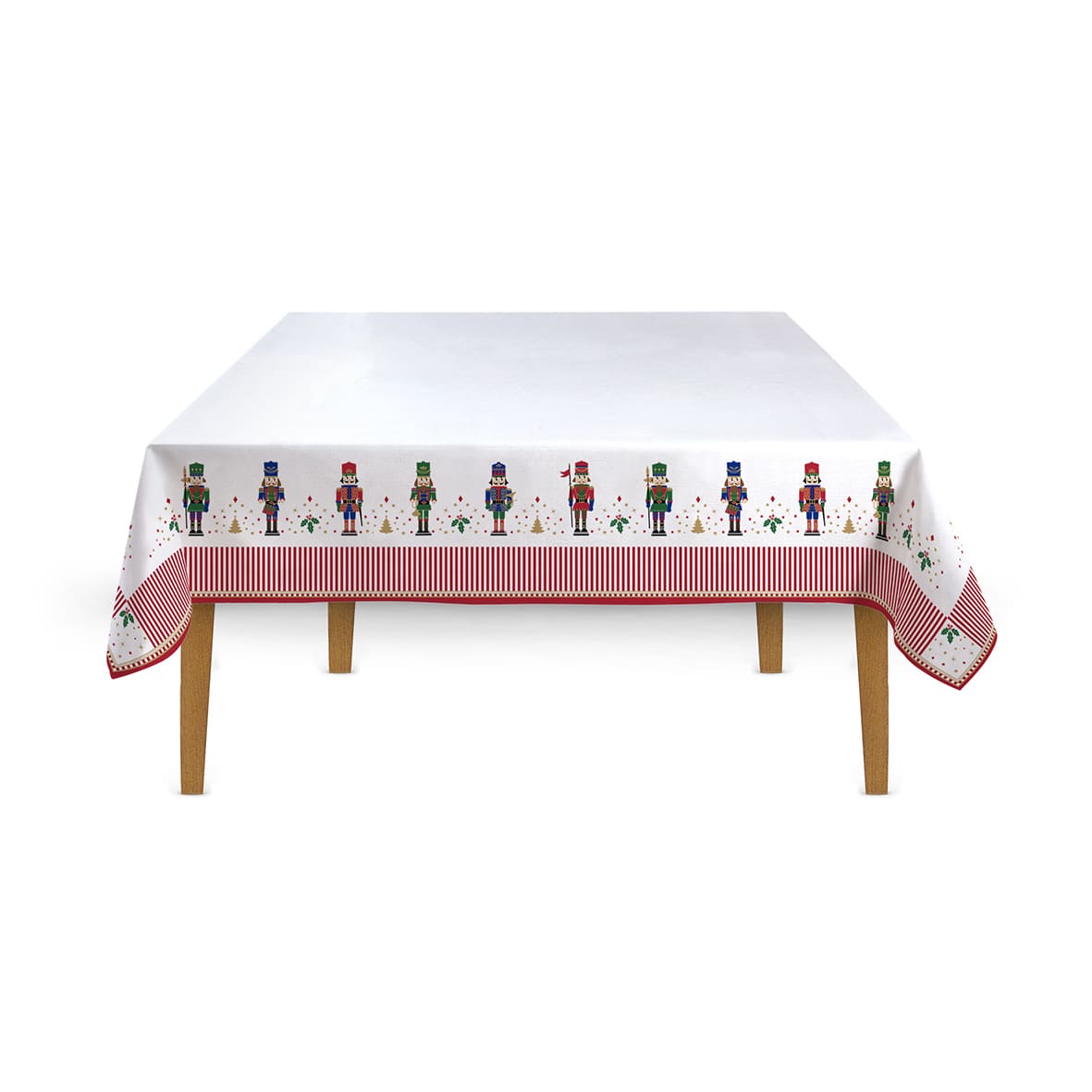 Tovaglia natalizia Easy Life con decori Schiaccianoci fondo bianco 180x145 cm