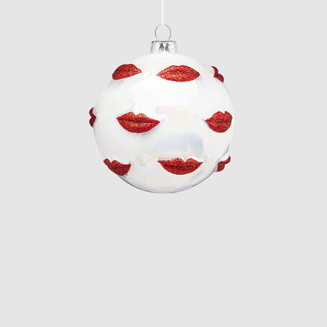 Pallina di Natale EDG in vetro bianco con decoro bocche glitter 10 cm