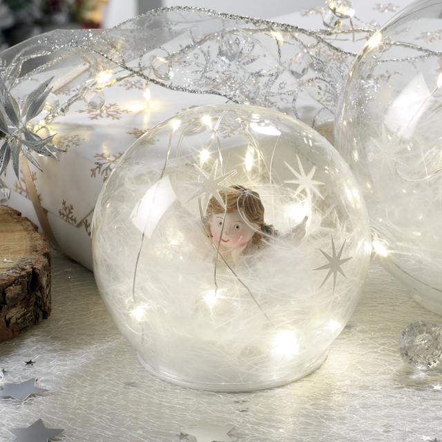 Sfera natalizia Mascagni con angelo in vetro illuminata a LED 12 cm