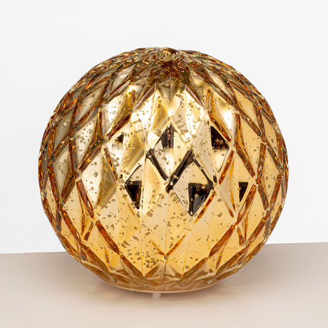 Sfera natalizia Noel in vetro oro con decoro a rombi e luci LED 14 cm