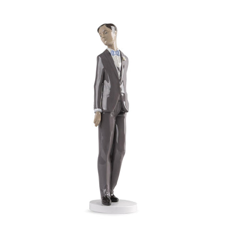 Statuetta fidanzato Lladrò in porcellana lucida con papillon blu 29x7 cm