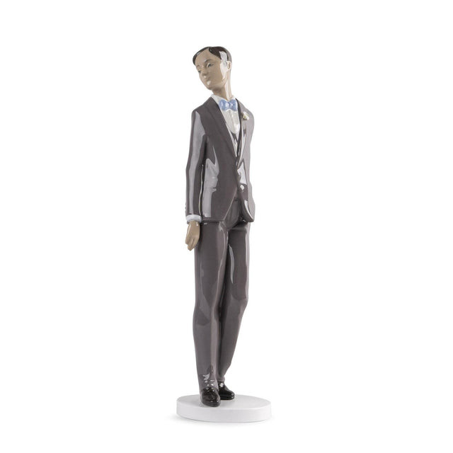 Statuetta fidanzato Lladrò in porcellana lucida con papillon blu 29x7 cm