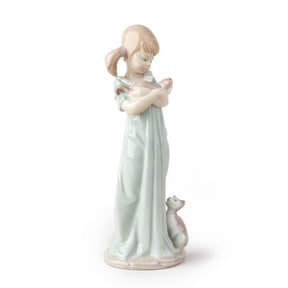Statuina Ragazza con Gattini Lladrò in porcellana colori pastello 21 cm