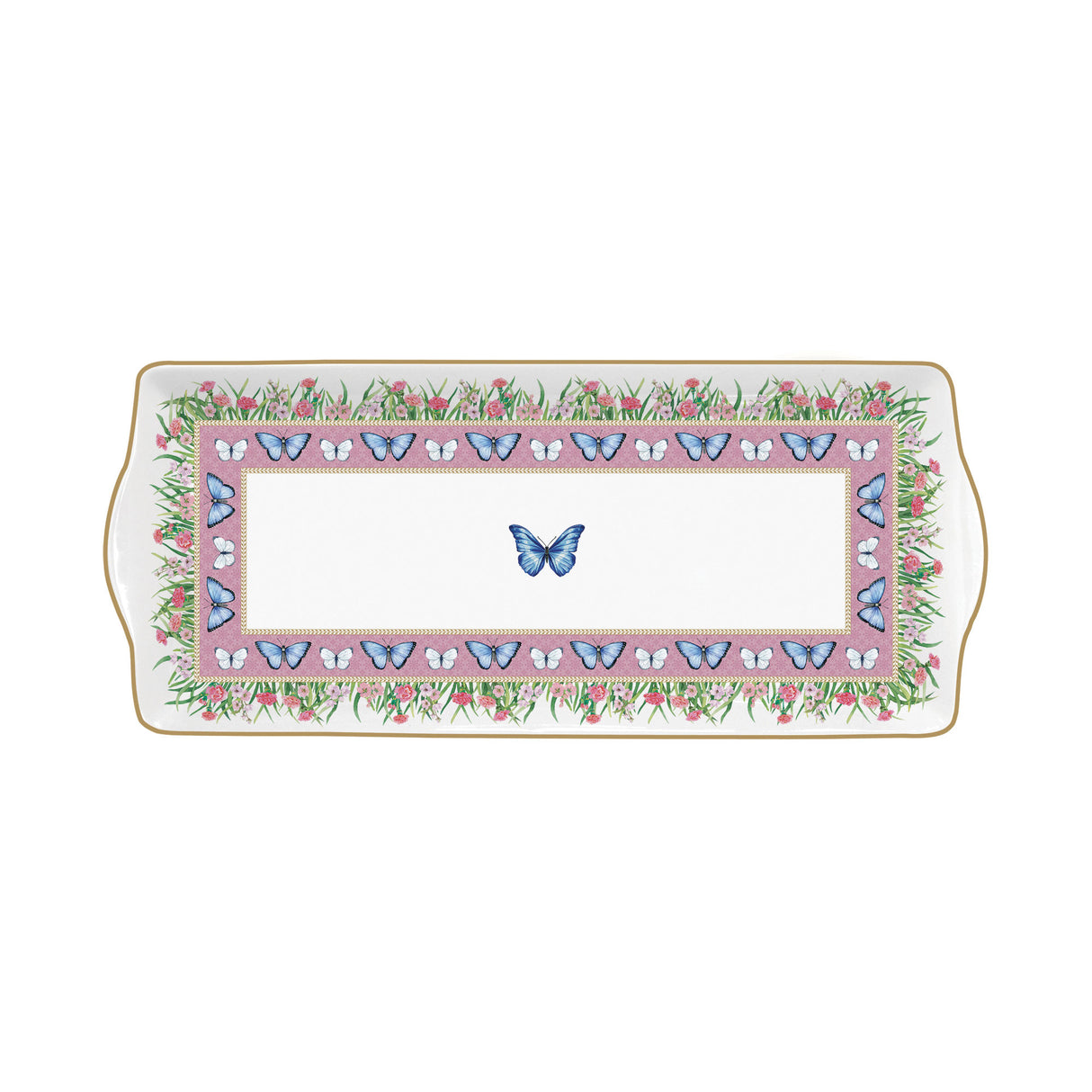Vassoio rettangolare Easy Life in porcellana decoro fiori e uccellini 35x15 cm