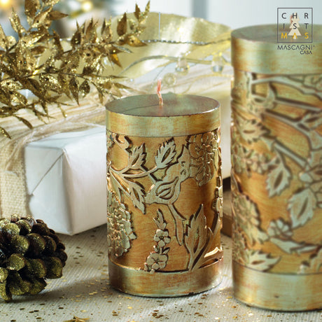 Candela di Natale Mascagni Casa in cera color oro decorata 10,5 cm