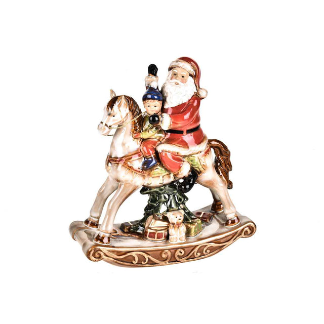 Statuina Babbo Natale su cavallo a dondolo Bianchi Dino in porcellana 25cm