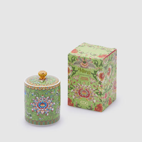 Candela profumata Ming EDG in ceramica verde con decoro orientale 10x7 cm