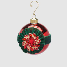Sfera albero Natale EDG in vetro rosso con gemme e medaglione 10 cm