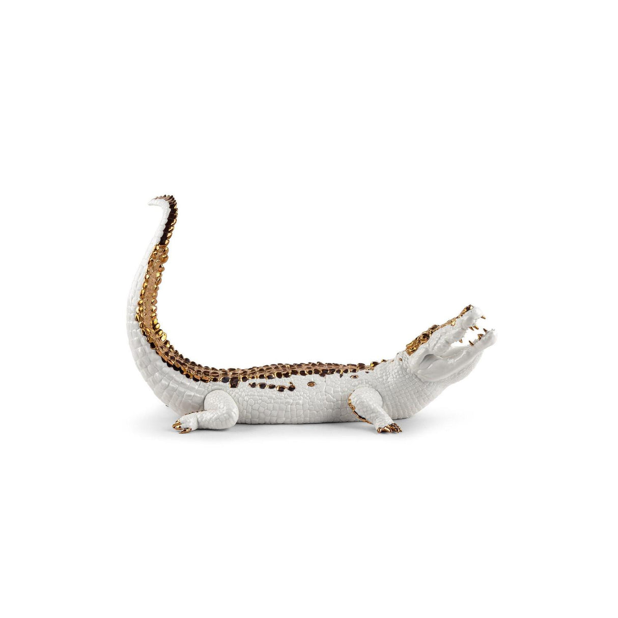Scultura coccodrillo Lladrò in porcellana bianca e dettagli rame 39x68 cm